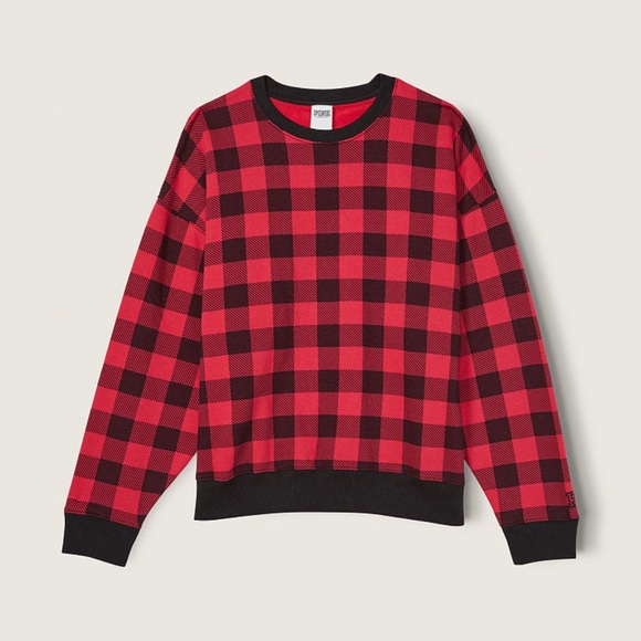 Victoria’s Secret PINK Red/ Black Buffalo Plaid Fleece Crewneck Sweater Size XS - Picture 1 of 9